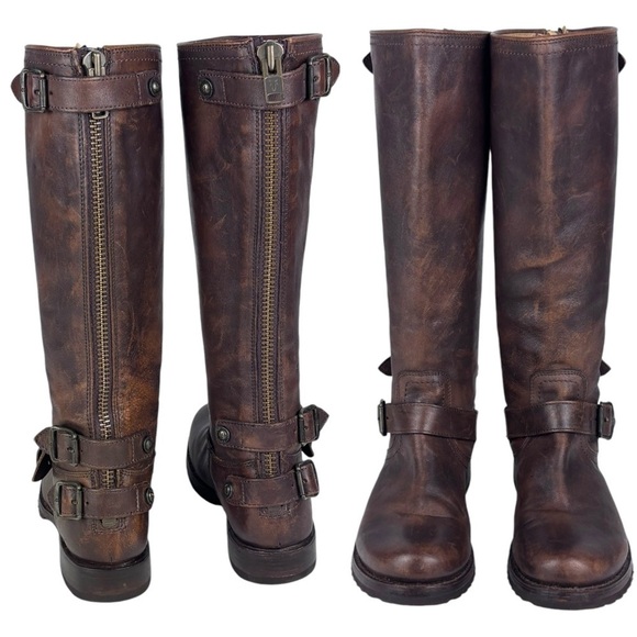 FRYE VERONICA BROWN DISTRESSED TALL MOTO EQUESTRIAN STYLE BACK ZIP LEATHER BOOTS - Picture 4 of 14